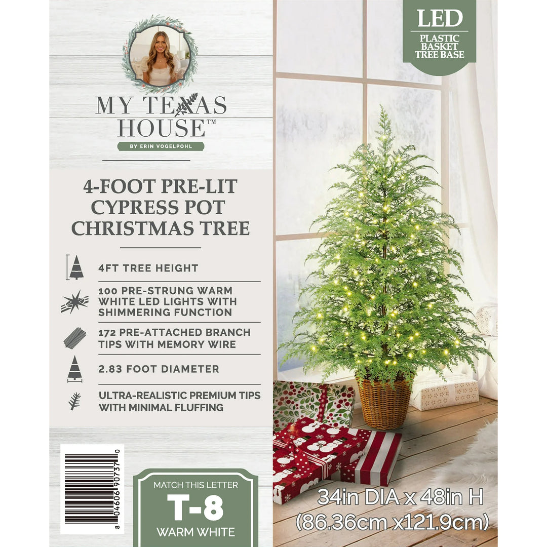 4' Pre-Lit Green Cypress Artificial Christmas Potted Tree with 100 Warm White Twinkle LED Lights, by My Texas House