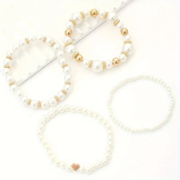 Elegant White Faux Pearl Beaded Bracelet Set