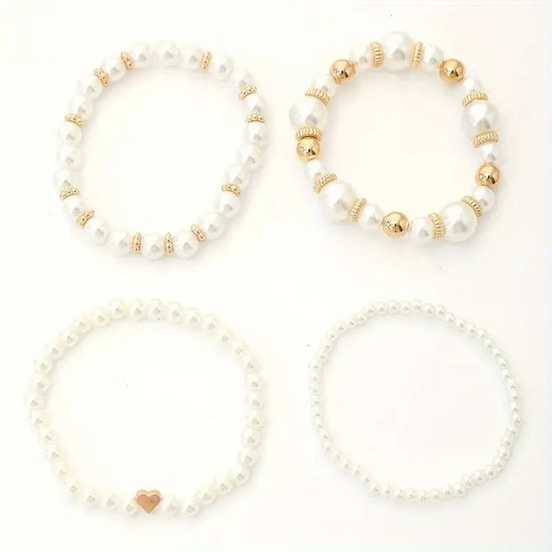 Elegant White Faux Pearl Beaded Bracelet Set