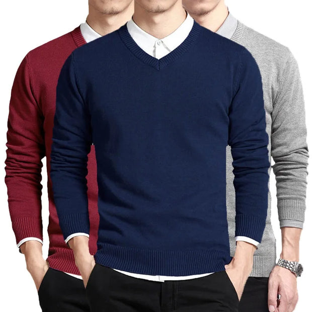 Men's Cotton V-Neck Sweater - Loose Fit Knit Pullover