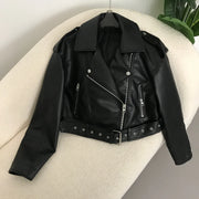 New Spring Woman Faux Leather Jacket Chic Vintage American street wear Short Lapel Zipper Belt Biker Coats Fashion Streetwear