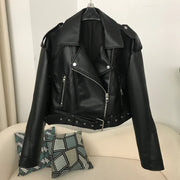 New Spring Woman Faux Leather Jacket Chic Vintage American street wear Short Lapel Zipper Belt Biker Coats Fashion Streetwear