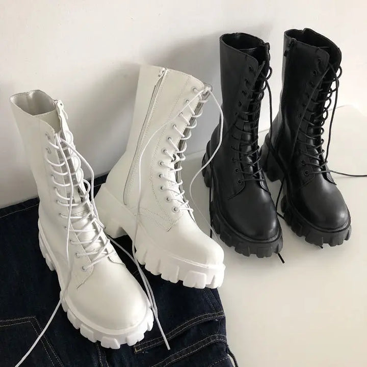 New Mid Calf Boots Women Autumn Winter Fashion Lace-up Ladies Chelsea Zipper Botas Mujer Boots Sports Platform Heel Ladies Shoes