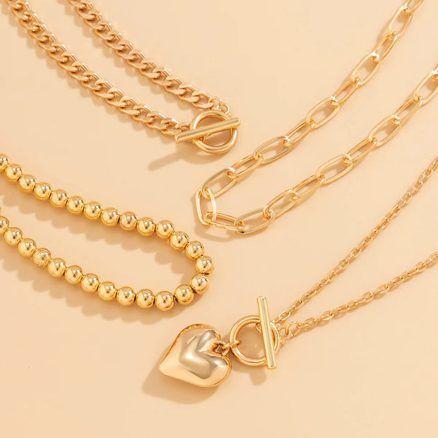 Gold Heart Pendant Necklace Set, 4Pcs