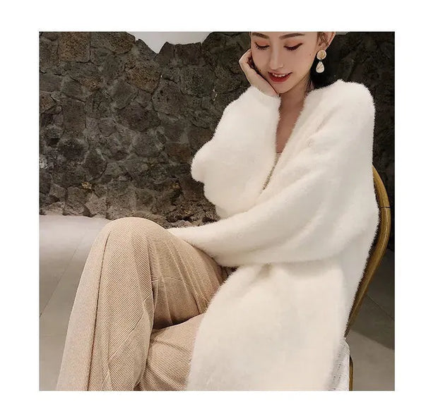 white Long Cardigan for women 2024 winter clothes Knitted fluffy long sleeve Cashmere sweater coat clotkorean style warm vintage