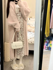 white Long Cardigan for women 2024 winter clothes Knitted fluffy long sleeve Cashmere sweater coat clotkorean style warm vintage