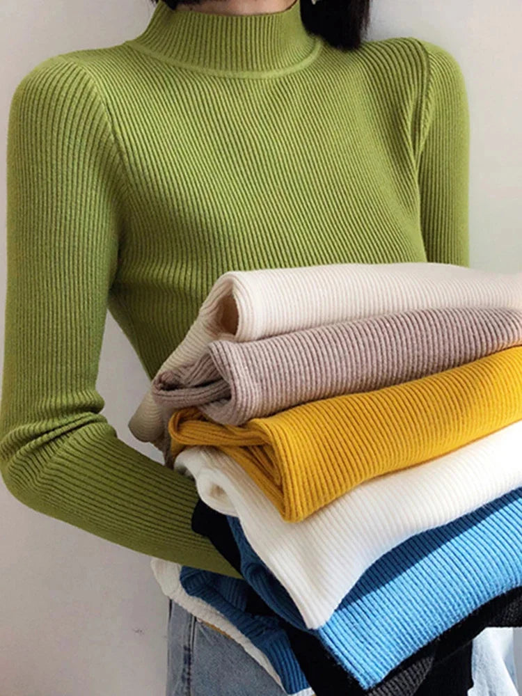 Women's Mock Neck Sweater | Vintage Solid Knitted Pullover for Autumn & Winter