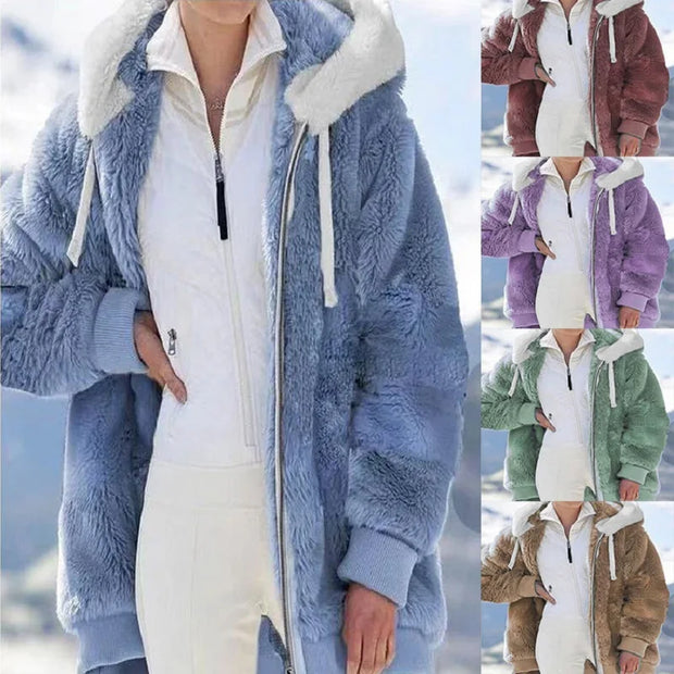 New Style Autumn And Winter Loose Plush Zipper Hooded Jacket Woman