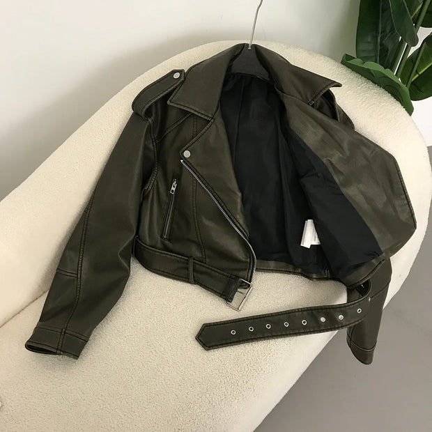 New Spring Woman Faux Leather Jacket Chic Vintage American street wear Short Lapel Zipper Belt Biker Coats Fashion Streetwear