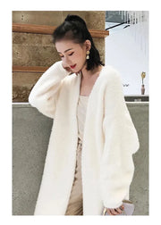 white Long Cardigan for women 2024 winter clothes Knitted fluffy long sleeve Cashmere sweater coat clotkorean style warm vintage