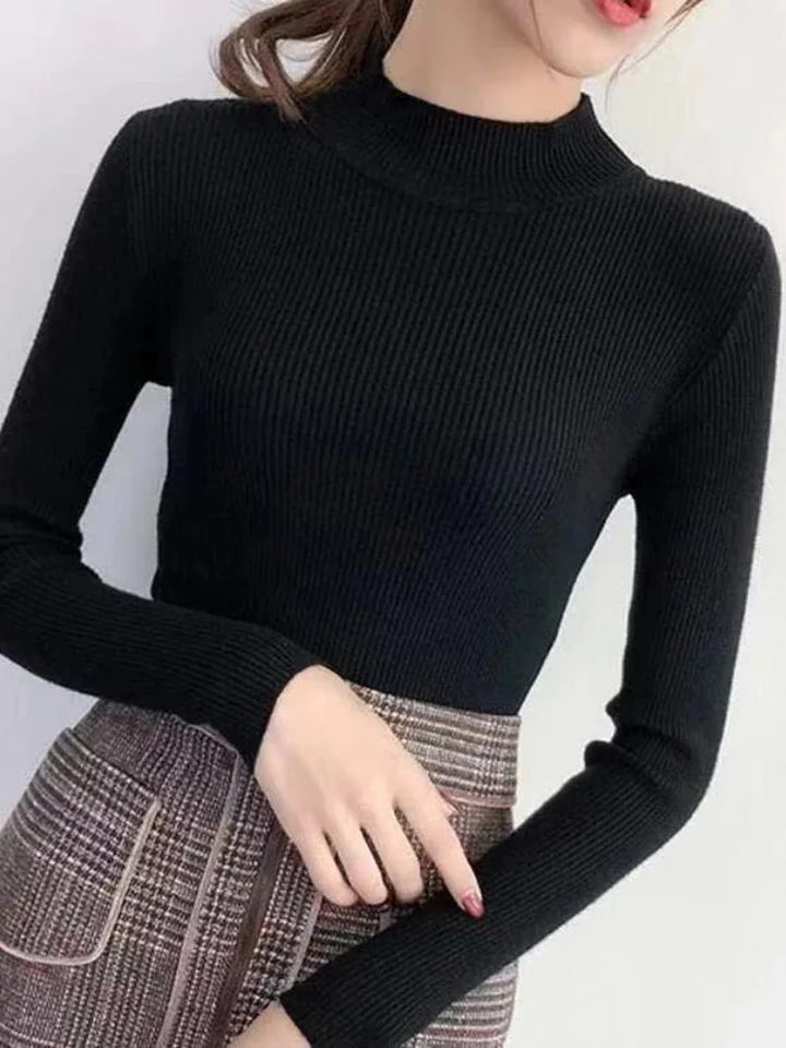 Women's Mock Neck Sweater | Vintage Solid Knitted Pullover for Autumn & Winter