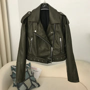 New Spring Woman Faux Leather Jacket Chic Vintage American street wear Short Lapel Zipper Belt Biker Coats Fashion Streetwear