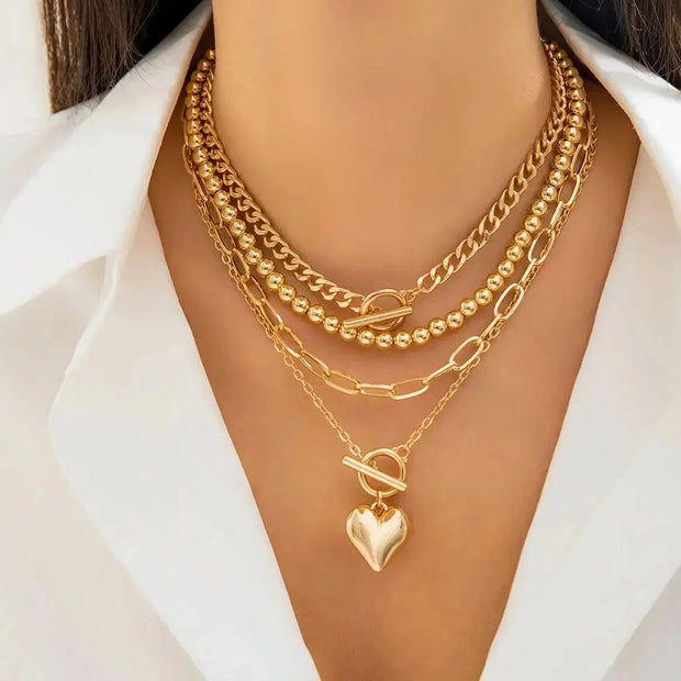 Gold Heart Pendant Necklace Set, 4Pcs