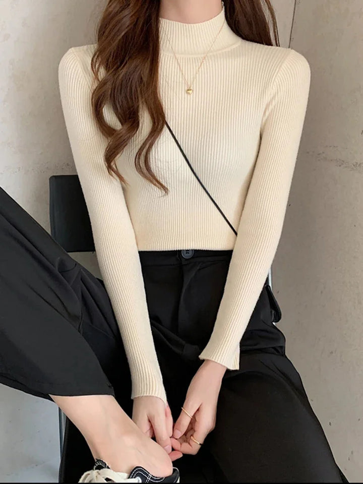 Women's Mock Neck Sweater | Vintage Solid Knitted Pullover for Autumn & Winter