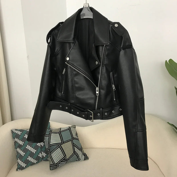 New Spring Woman Faux Leather Jacket Chic Vintage American street wear Short Lapel Zipper Belt Biker Coats Fashion Streetwear