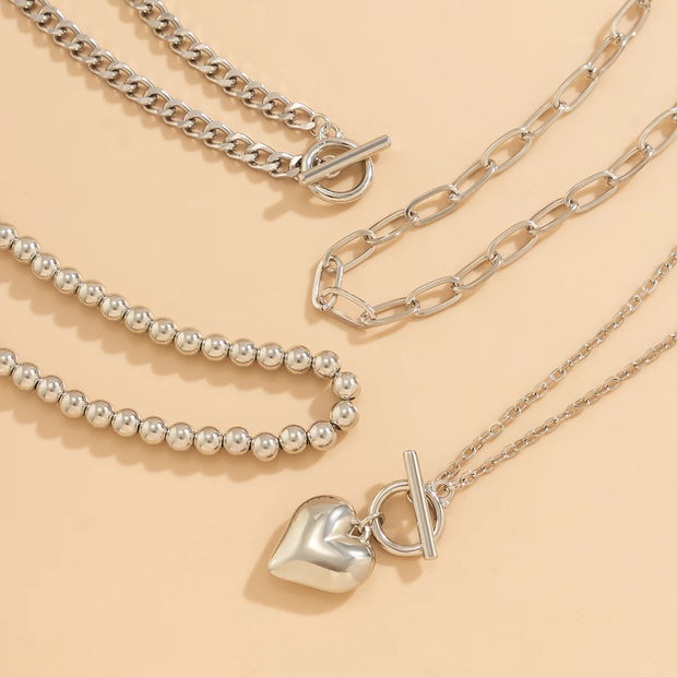 Gold Heart Pendant Necklace Set, 4Pcs