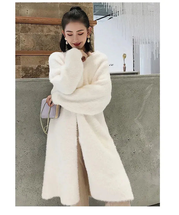 white Long Cardigan for women 2024 winter clothes Knitted fluffy long sleeve Cashmere sweater coat clotkorean style warm vintage