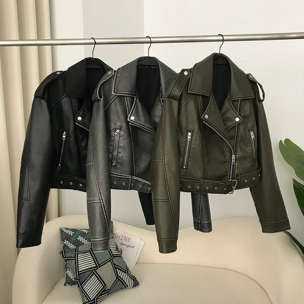 New Spring Woman Faux Leather Jacket Chic Vintage American street wear Short Lapel Zipper Belt Biker Coats Fashion Streetwear