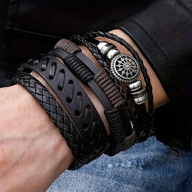 Vintage Faux Leather Woven Bracelet Set