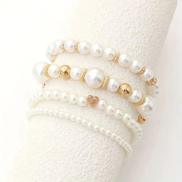 Elegant White Faux Pearl Beaded Bracelet Set