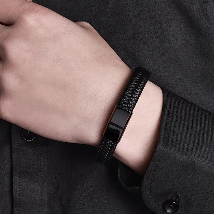 Men’s Black Woven Faux Leather Bracelet