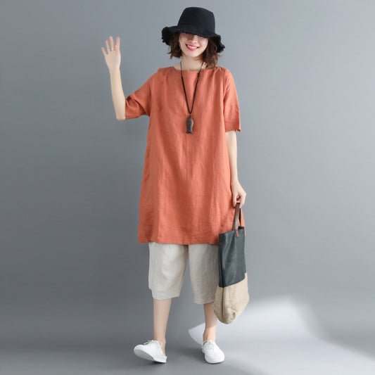 Pure Color Short Sleeve Vintage Long T-Shirt